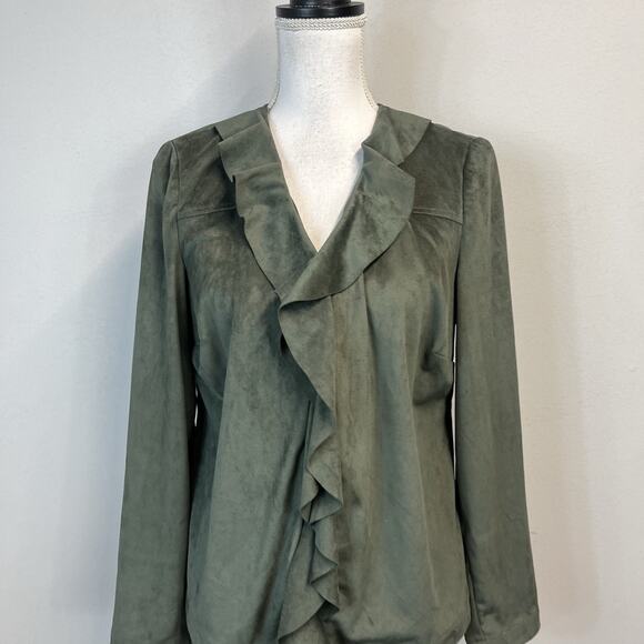 Chico's Waterfall Ruffle Open Front Blazer Jacket size 4 6/0 Olive Green Nubuck - Picture 2 of 8